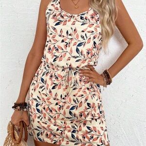 SHEIN Leaf Print Mini Dress in Cream and Pink